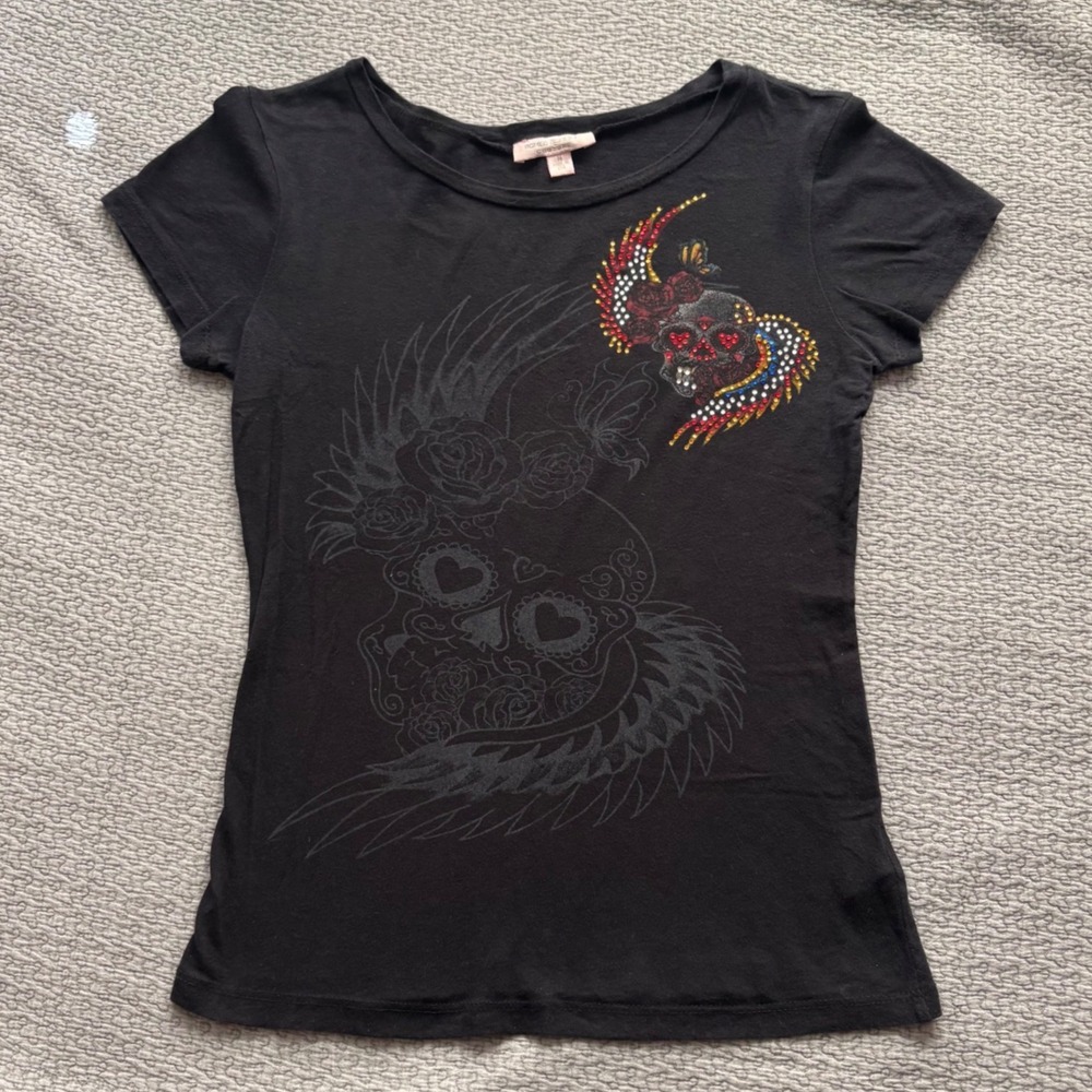 Romeo & Juliet Couture Black Rhinestone Skull Graphic Tee Womens Medium USA Made